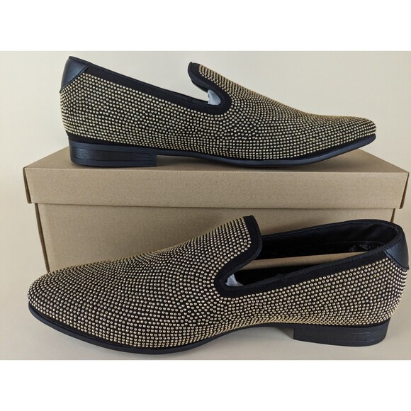 Steve Madden Mezmoryz Loafers Mens 9.5 Black Gold Studded Slip On Shoes NWB - Picture 1 of 13